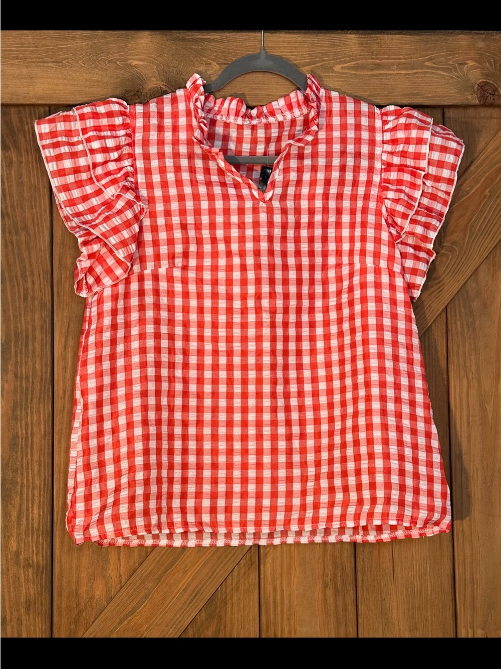 Girls' Red & White Gingham Ruffle Sleeve Top